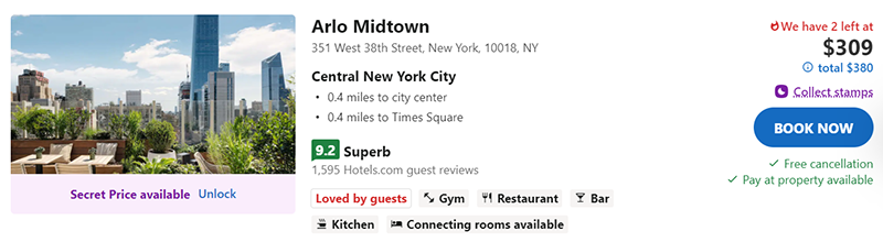 a hotel listing on a travel website that shows there are only two rooms left at the advertised price