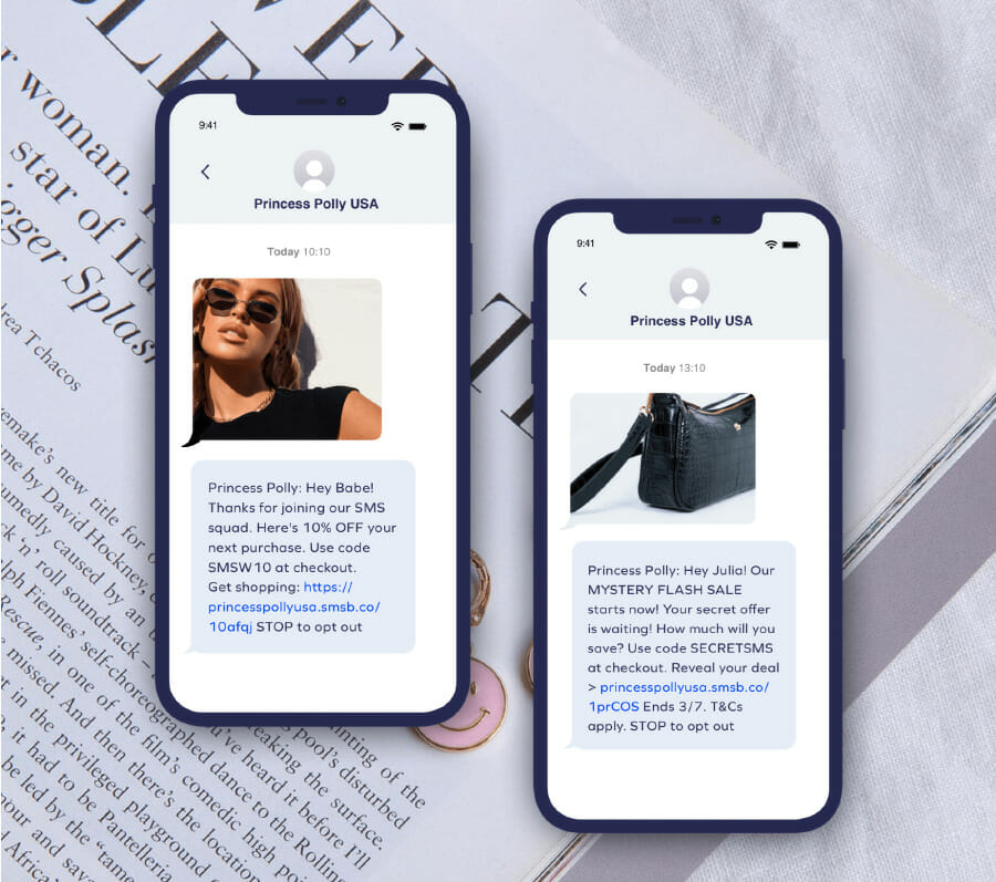 SMS messages from princess polly welcoming customer to SMS messages and alerting them to a mystery flash sale