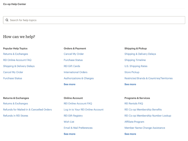 REI’s co-op help center knowledge base listing topics