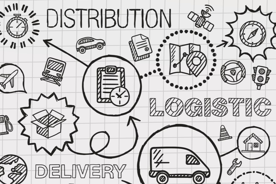 An illustration with various icons related to the supply chain with the words distribution, delivery, logistic, delivery, transport, and plan.