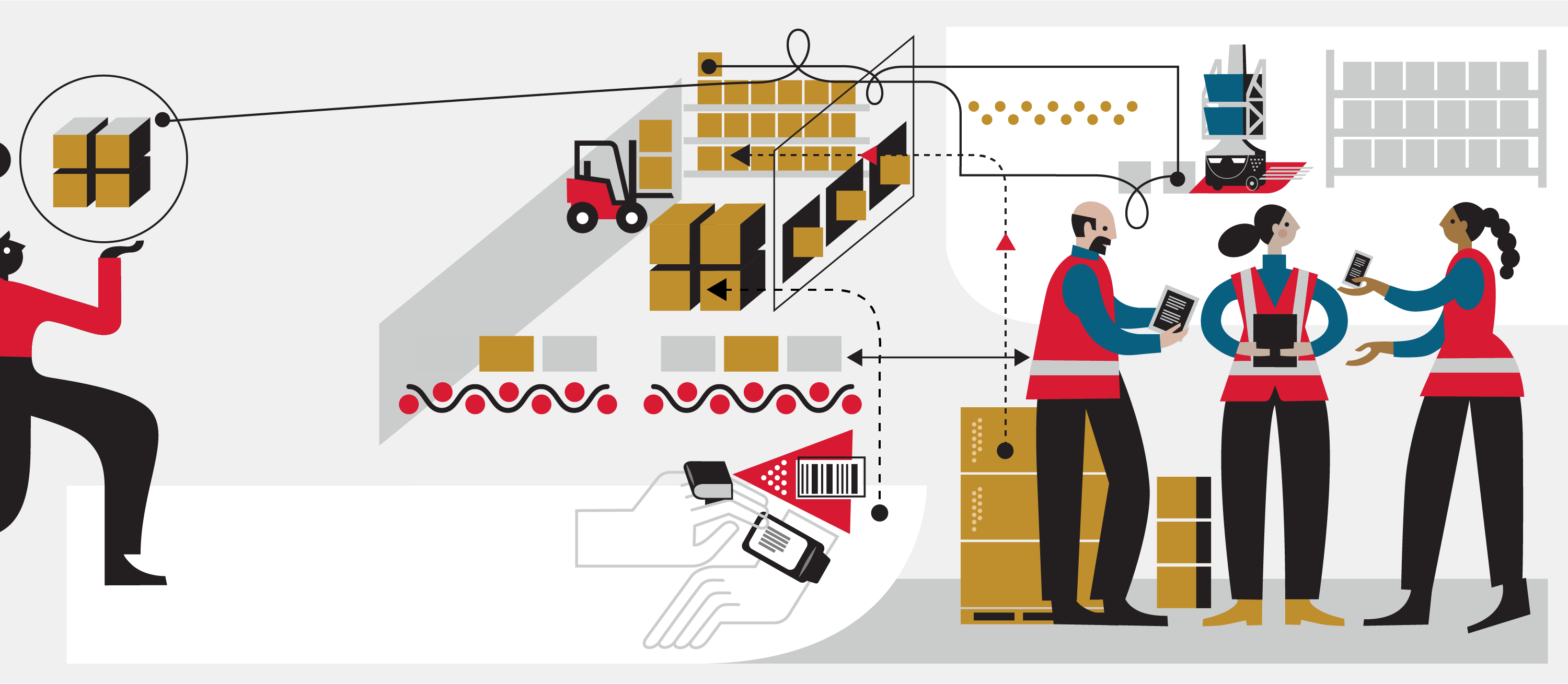 Illustration of employees working at an e-commerce fulfillment center