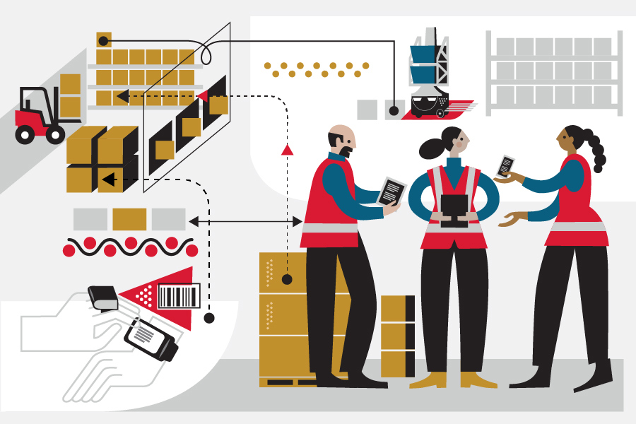 illustration of fulfillment center employees and inventory management processes