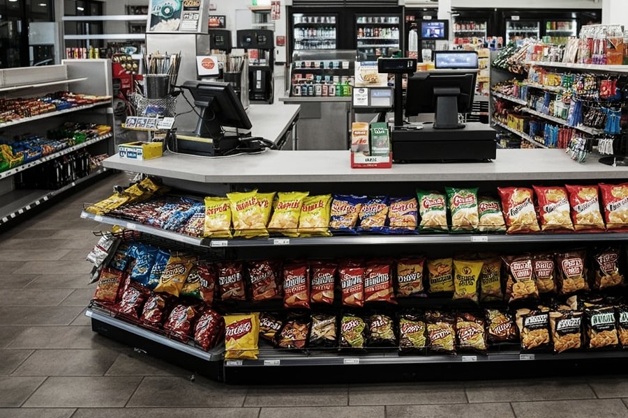 Rows of chips below the cash register at a convenience store