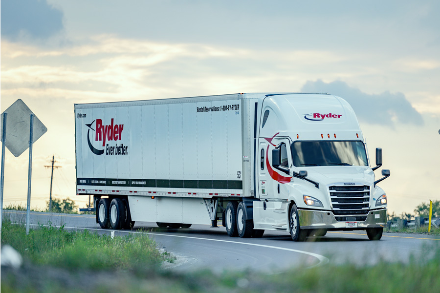 Ryder semi truck driving on the road used for third-party logistics