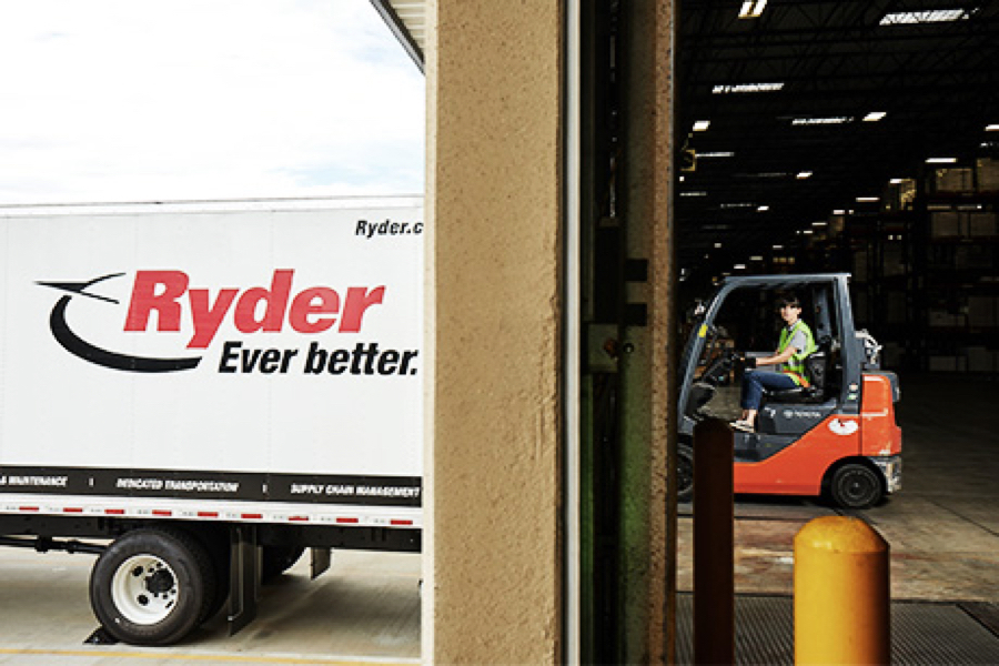 forklift unloading Ryder semi truck