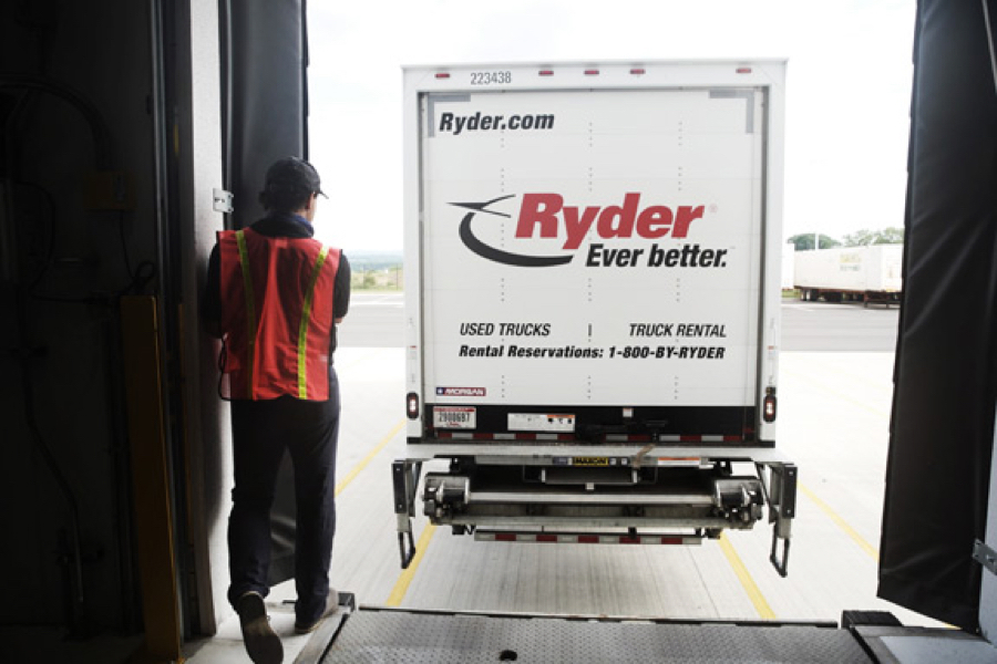 Ryder truck backing into loading dock at warehouse